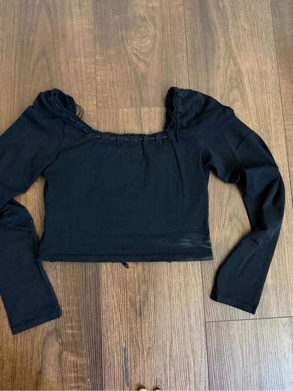 Free People Black Long-Sleeve Smocked Crop Top with Front Tie